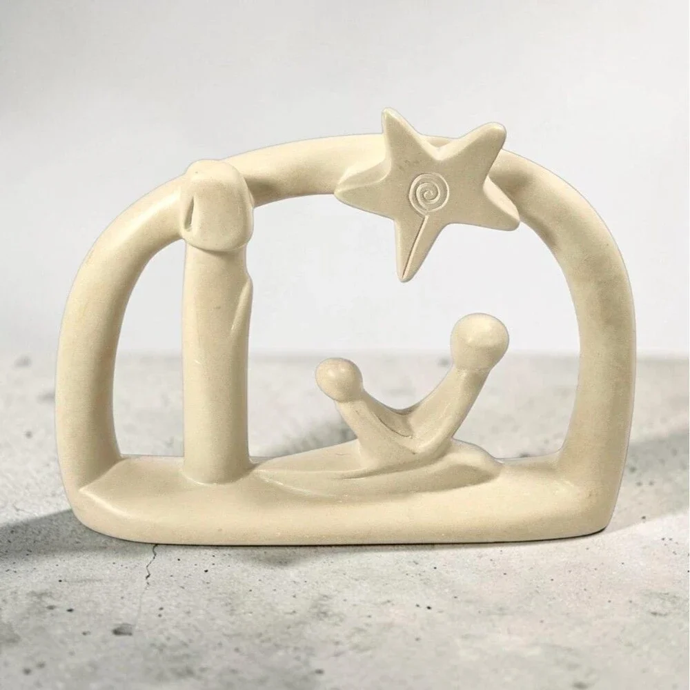Hand Carved Kenyan Soapstone Nativity Scene Minimalist Modern Holy Family Christ